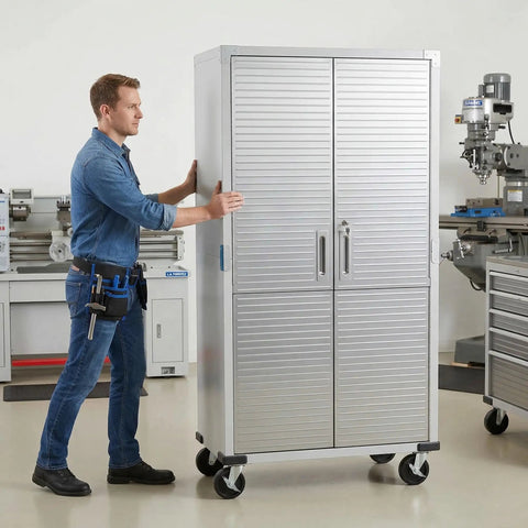 Heavy-Duty Metal Storage Cabinet With Four Shelves And Locking Doors Mobile Rolling Design For Garage Warehouse And Studio Stainless Steel Tool Organizer With Adjustable Feet And Built To Last Rugged Wheels, 36W x 18D x 72H in, in workshop