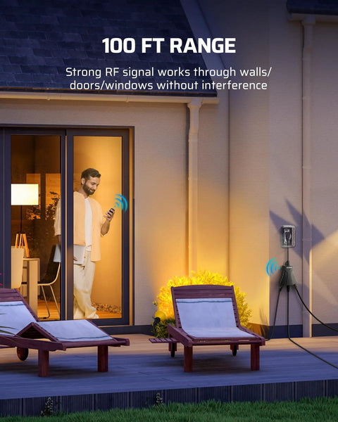 Man using Outdoor Remote Control Outlet Switch With Three Heavy Duty Grounded Outlets, Weatherproof 15 Amp Plug, from indoors.