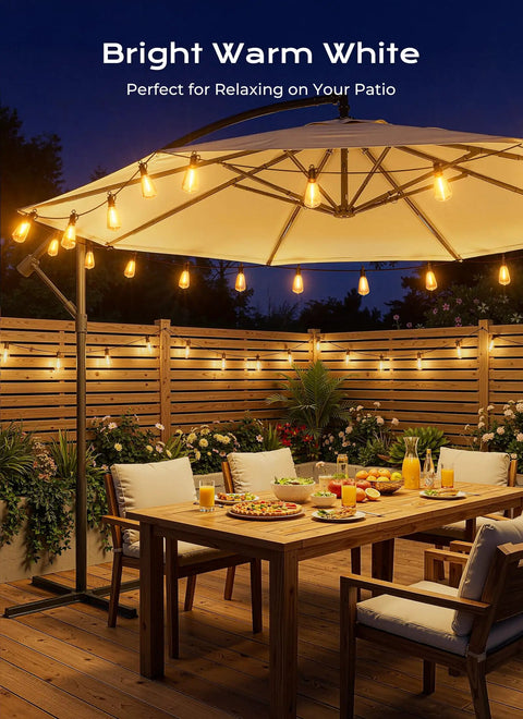 52Ft Solar String Lights For Outdoor Patio Waterproof With Remote And Timer, USB Or Solar Powered Dimmable Backyard Party, hanging under umbrella