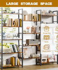 Tall 5 Tier Industrial Bookshelf With 14 Open Display Shelves For Your Home Or Office Setup Brown Wood And Metal Large Etagere Bookcase showcasing books and decor.