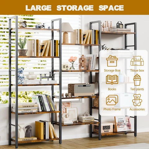 Tall 5 Tier Industrial Bookshelf With 14 Open Display Shelves For Your Home Or Office Setup Brown Wood And Metal Large Etagere Bookcase showcasing books and decor.