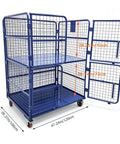 Heavy Duty Foldable Warehouse Trolley Built Like A Tank With Secure Steel Mesh Bins Four Swing Lock Doors And 1100 Pound Load Capacity industrial cart with mesh panels and dimensions shown