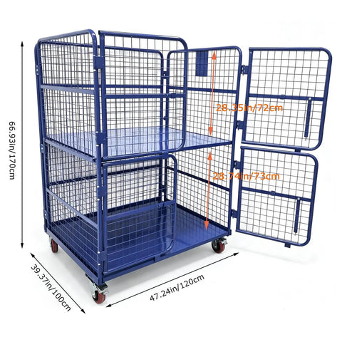Heavy Duty Foldable Warehouse Trolley Built Like A Tank With Secure Steel Mesh Bins Four Swing Lock Doors And 1100 Pound Load Capacity industrial cart with mesh panels and dimensions shown