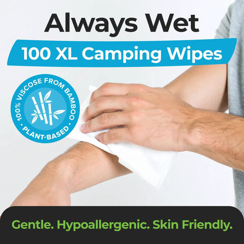 Person using XL Camping Body Wipes No Rinse For Outdoors on arm, showing plant-based and hypoallergenic features.