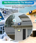 Two Pack Flood Lights Outdoor With Motion Sensor, Waterproof LED Sun Powered, installed on houses in different weather conditions