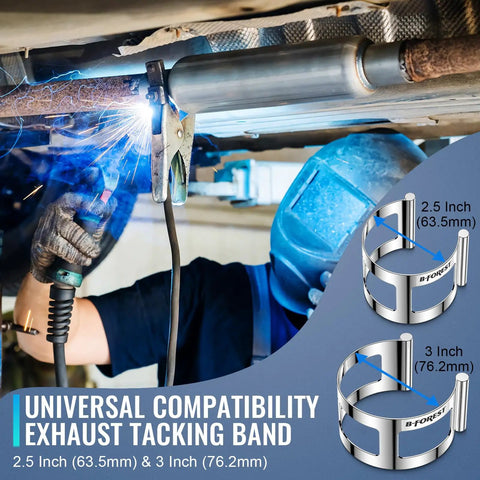 Dual Size Clamp On Set With 2.5 Inch And 3 Inch Universal Welding Clamps For Exhaust Pipe Repair And Fabrication being used in exhaust repair