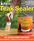 Star Brite Teak Sealer shown on outdoor table application, focus on product label and brush use.