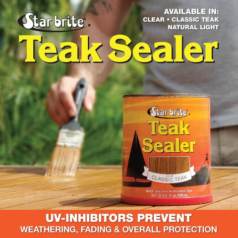 Star Brite Teak Sealer shown on outdoor table application, focus on product label and brush use.
