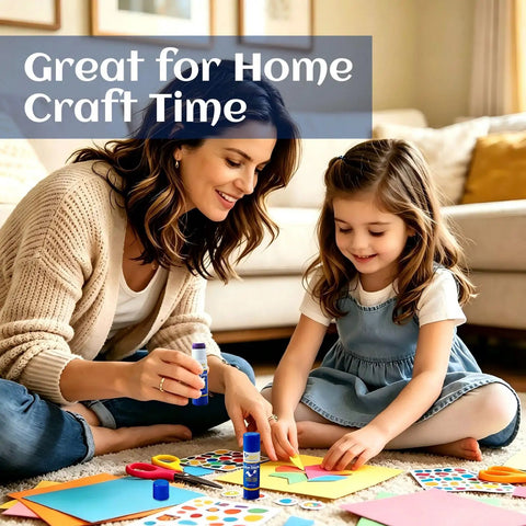 Mother and child using Purple Glue Sticks 6g Each Two Pack For School Office Home Craft Projects for DIY crafts on a carpet.