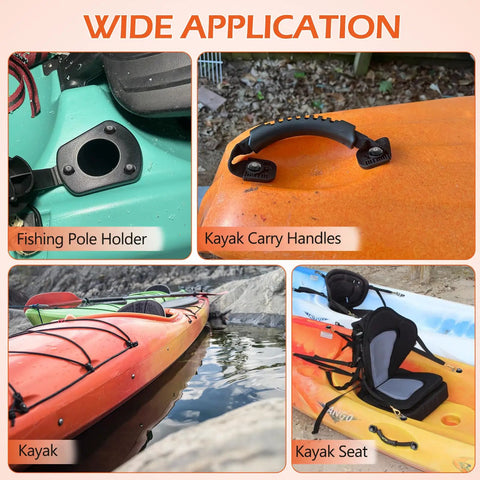 Wide application features of kayak accessories including fishing pole holder, carry handles, and kayak seat.