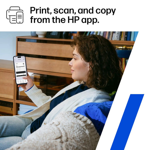 Woman using smartphone app to operate Wireless Laser Printer For Small Teams With Fast Black And White Printing Scanning And Copying Easy Setup And Mobile Printing Budget Friendly Compact MFP Built For Home Office Or Tiny Teams.
