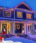 2 Pack Solar String Lights 100 LEDs Over 32.8 Feet Multicolor Waterproof Outdoor Decor illuminating a house with festive decor