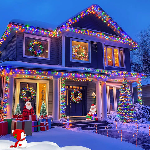 2 Pack Solar String Lights 100 LEDs Over 32.8 Feet Multicolor Waterproof Outdoor Decor illuminating a house with festive decor