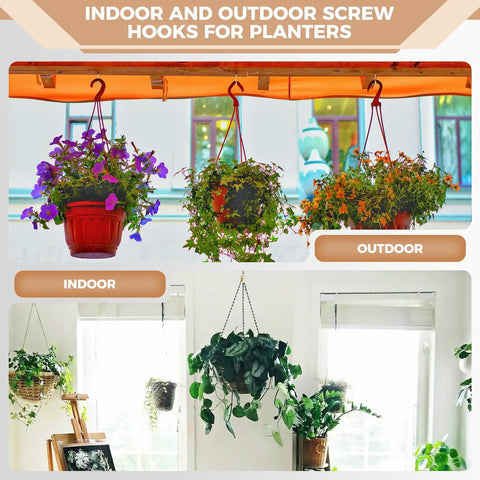 Indoor and outdoor planters hanging from hooks, showcasing usage of Gold Cup Hooks Set With 110 Pieces In Six Sizes One Half Inch Five Eighth Inch Three Quarter Inch Seven Eighth Inch One Inch And One And A Quarter Inch Solid Steel Screw In Hooks Rust Resistant Burr Free For Kitchen Garage And Home Organization.