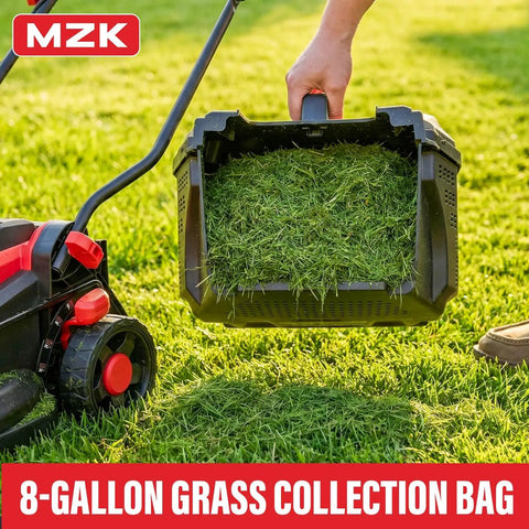 Cordless 20V 13 Inch Brushless Electric Lawn Mower With 4 Position Height Adjustment 8 gallon grass bag filled with grass