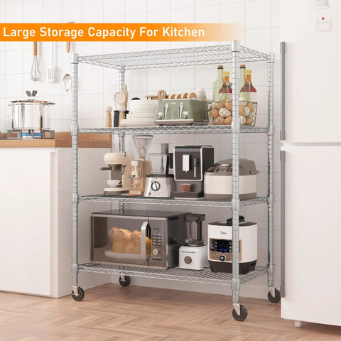 Dang Solid Four Tier Heavy Duty Metal Wire Shelving Unit With Ready To Roll Casters And Super Adjustable Heights For Garage Workshop And Home Tool Storage Rack in kitchen with appliances.