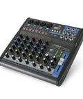Six Channel Bluetooth DJ Audio Mixer With USB Input And Built In MP3 Player 48V Phantom Power 3 Band EQ 16 Bit DSP FX USB Flash Drive Compatible Studio Ready Sound Board PMXU63BT, angled view showing controls and ports.
