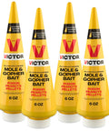 Outdoor Mole And Gopher Poison Peanut Bait 4 Pack With Cone Tip for Hole Access, displaying yellow containers.