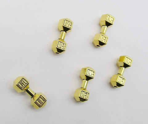 Gold dumbbell charm beads with 'LIVE LIFT' engraving from Dumbbell Charm Beads For Jewelry Making Pack Of 30 Multicolor Alloy DIY Spacer Charms Pendant Engraved Live Lift For Fitness Inspired Crafts Jewelry And Accessories.