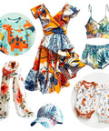 Colorful children's clothing and accessories with dinosaur, floral, and leaf patterns including dress, top, and scarf.