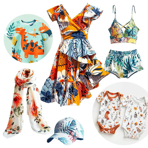Colorful children's clothing and accessories with dinosaur, floral, and leaf patterns including dress, top, and scarf.