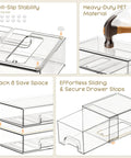 3 Pack Clear Acrylic Stackable Storage Drawers For Makeup And Bathroom Organizer showing anti-slip pads and secure drawer stops.