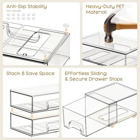 3 Pack Clear Acrylic Stackable Storage Drawers For Makeup And Bathroom Organizer showing anti-slip pads and secure drawer stops.