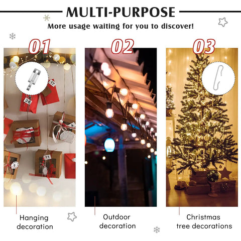 Multi-use image of 48 Pack Gutter Light Clips And Spacers For 1.8 Inch Heat Cable showing hanging, outdoor, and Christmas tree decor