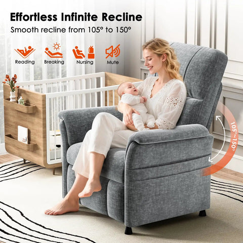 Mother holding baby in Power Recliner Chair For Adults With Remote Stepless 105 To 165 Degree Recline Chenille Upholstery