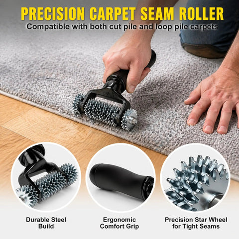 Upgraded Carpet Patch Repair Kit With Strong Double Sided Seam Tape For Living Room Hard Surfaces Super Effortless No Sweat Home Maintenance Quick Fix Solutions All In One, featuring a precision seam roller on carpet.
