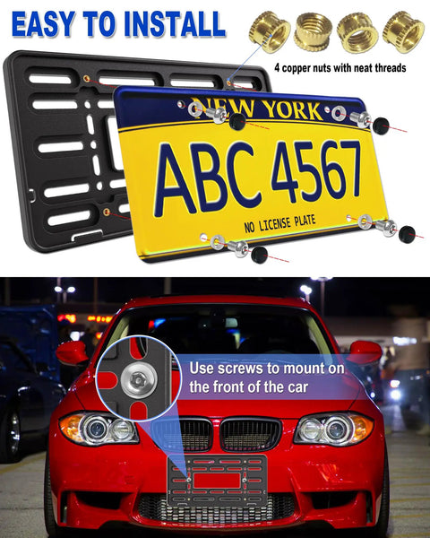 Front License Plate Holder Bracket Universal Plastic Front Car Tag Mounting Frame With Copper Thread Inserts displayed on car