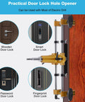 Mortise Lock Jig Kit For Wooden Doors With 3 Tungsten Steel Cutter Blades Door Lock Hole Opener shown with electric drill use.