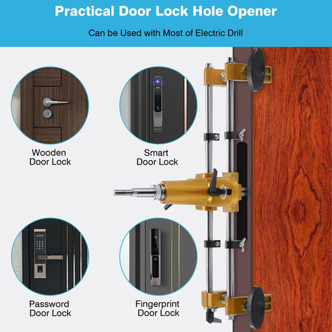 Mortise Lock Jig Kit For Wooden Doors With 3 Tungsten Steel Cutter Blades Door Lock Hole Opener shown with electric drill use.