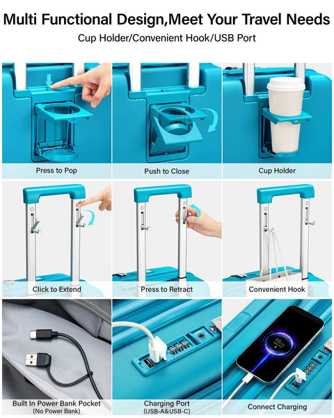 Expandable 20 Inch Carry On Luggage With Top Opening Design Caribbean Blue Hard Shell Roller Suitcase with USB port and cup holder.
