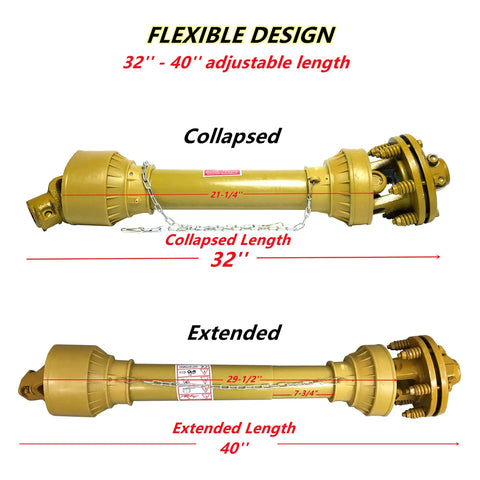 Image of Beefy 41 Lb 3 Point PTO Shaft With Slip Clutch For Rotary Tillers showing collapsed and extended views.