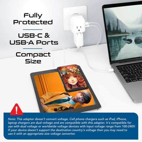 Africa Travel Adapter Set With 20W Power Delivery And Fast Charge Dual USB And USB C Two USA Outlets Universal All In One Plug Kit For Zimbabwe Morocco And Across Africa Including Type E F M G Attachments shown charging devices and laptop nearby.