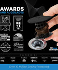 Bathtub Drain Hair Catcher And No Sweat Clog Prevention Protector For Standard Tubs in matte black with hair trapped.