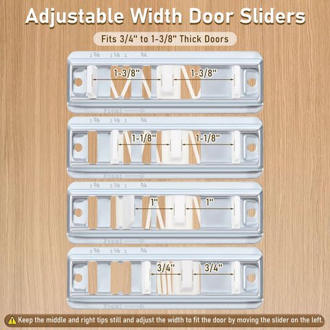 Image showing adjustable door sliders for 3/4 to 1 3/8 inch thick doors with measurements, part of the Two Pack Sliding Closet Door Floor Guides With Carpet Risers For An Adjustable Fit For Doors From 3/4 To 1 3/8 Inch Thick, Elevates The Bottom Track For Carpets, White And Metallic.