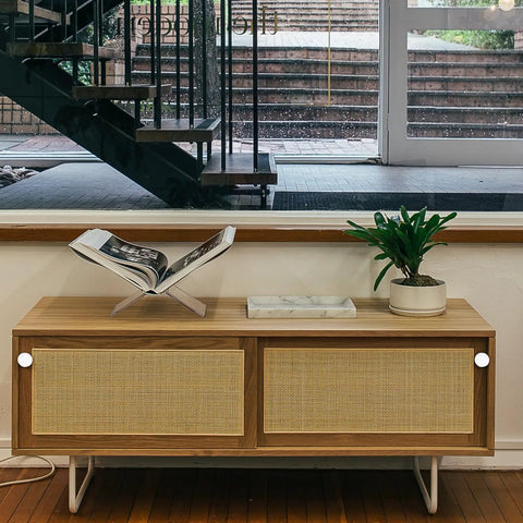 Wooden cabinet with Six Pack White Alloy Cabinet Handles Single Hole Round Drawer Pulls in a modern living room setting.