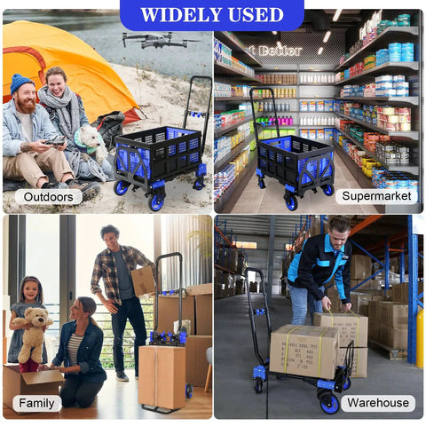 2 In 1 Folding Hand Truck And Folding Basket Heavy Duty Dolly With Telescoping Handle used outdoors, in supermarket, family home, and warehouse