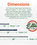 Mini Jack Turning Bar Three Quarter Inch Steel Adjustment Rod For Extra Leverage 12, 24, 36 inch dimensions and weights