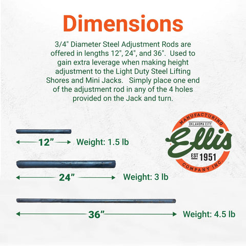 Mini Jack Turning Bar Three Quarter Inch Steel Adjustment Rod For Extra Leverage 12, 24, 36 inch dimensions and weights