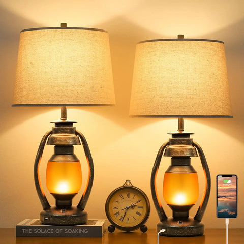 Set of 2 Rustic Farmhouse Table Lamps for Living Room and Bedroom, 3 Way Dimmable Touch Lamps with LED Lantern Night Light