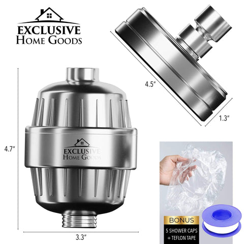 Boss Level Filtration Shower Head Set with High Pressure Rainfall Head, 15-stage filtration system dimensions and accessories shown