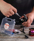 Person using 8 In 1 Fishing Reel Repair Kit With Bearing Puller Magnetic Screwdriver Wrench Tweezers Cleaning Brush