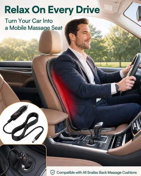 Heavy Duty 12V Car Adapter For Back Massage Seat Cushion Cigarette Lighter Jack Charger Plug In use with a massage cushion in car.