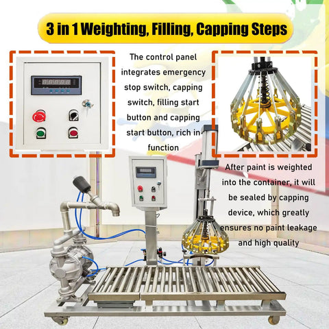 Control panel and capping device of Efficient Heavy Duty Semi Automatic Liquid Filling Machine For Paint And Water With Digital Scale Weighing Hassle Free Cap Sealer 3 In 1 Plug And Play 110V Bucket System.
