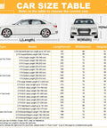 Car size table showing dimensions for All Weather 16 Layer Car Cover Waterproof Heavy Duty Outdoor Vehicle Cover Universal Fit