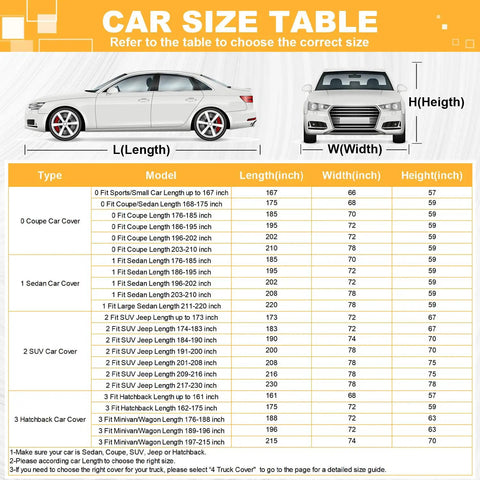 Car size table showing dimensions for All Weather 16 Layer Car Cover Waterproof Heavy Duty Outdoor Vehicle Cover Universal Fit