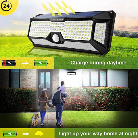 Crazy Bright Solar Outdoor Flood Lights With 268 LEDs, 4000 Lumens, Motion Sensor Security Lights illuminating entrance.